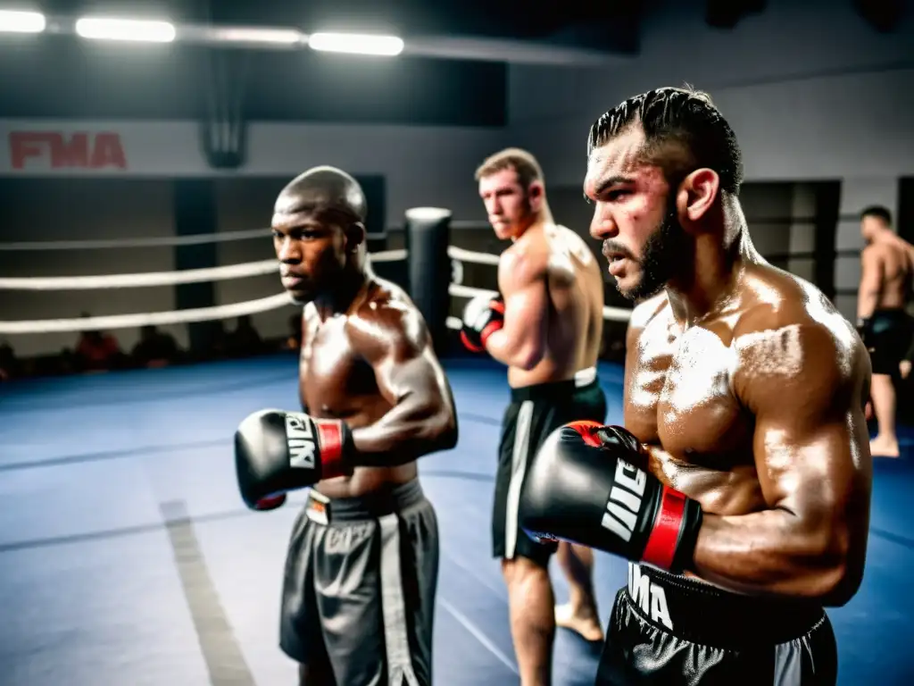 Grupo de luchadores de MMA entrenando con intensidad en un gimnasio