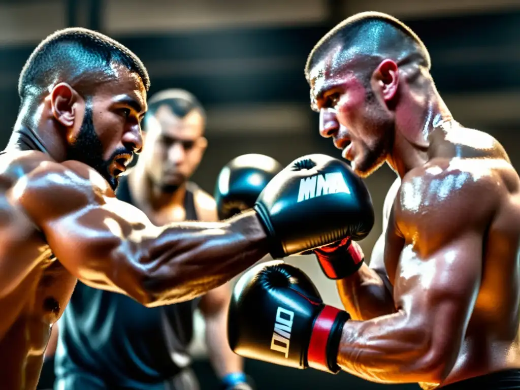 Grupo de luchadores de MMA en un intenso entrenamiento, mostrando determinación y esfuerzo físico en un gimnasio oscuro