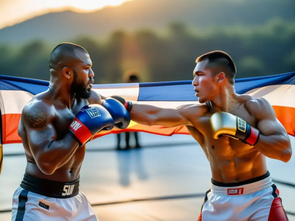 Grupo de luchadores de MMA internacionales entrenando en un campamento al aire libre al atardecer, demostrando camaradería y determinación