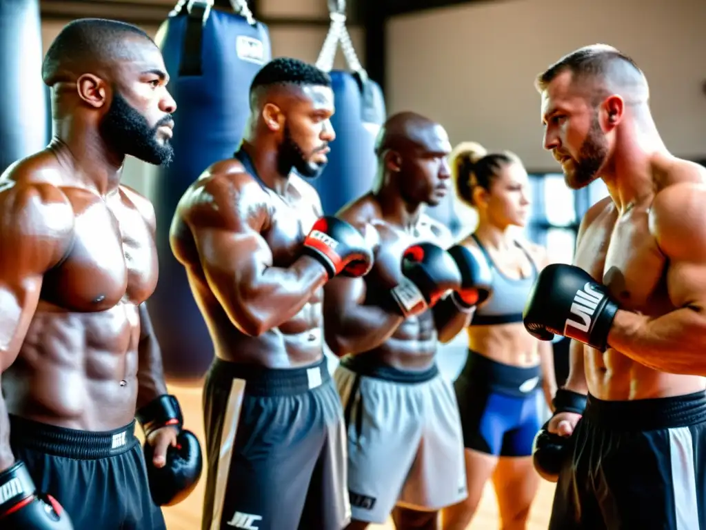 Grupo de luchadores de MMA con pulseras actividad, concentrados en el gimnasio