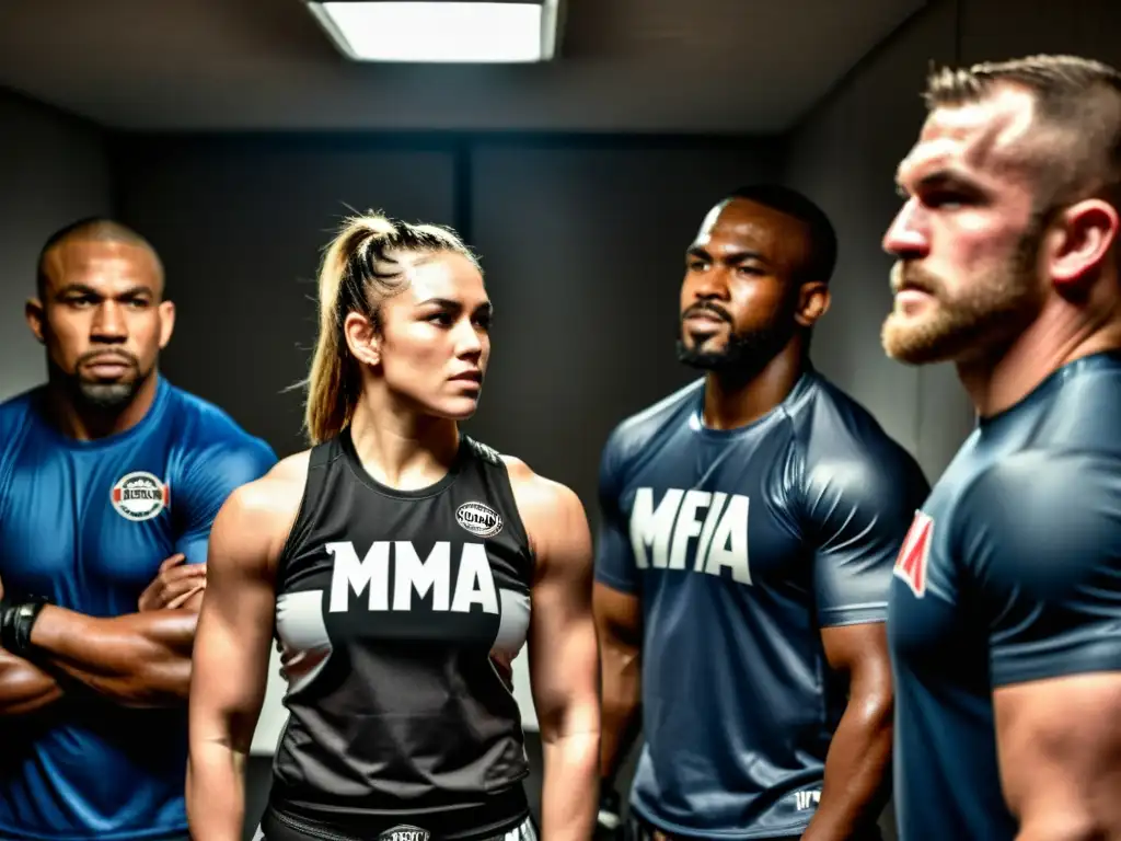 Un grupo de luchadores de MMA se prepara en un vestuario oscuro, luciendo las camisetas oficiales más vendidas MMA