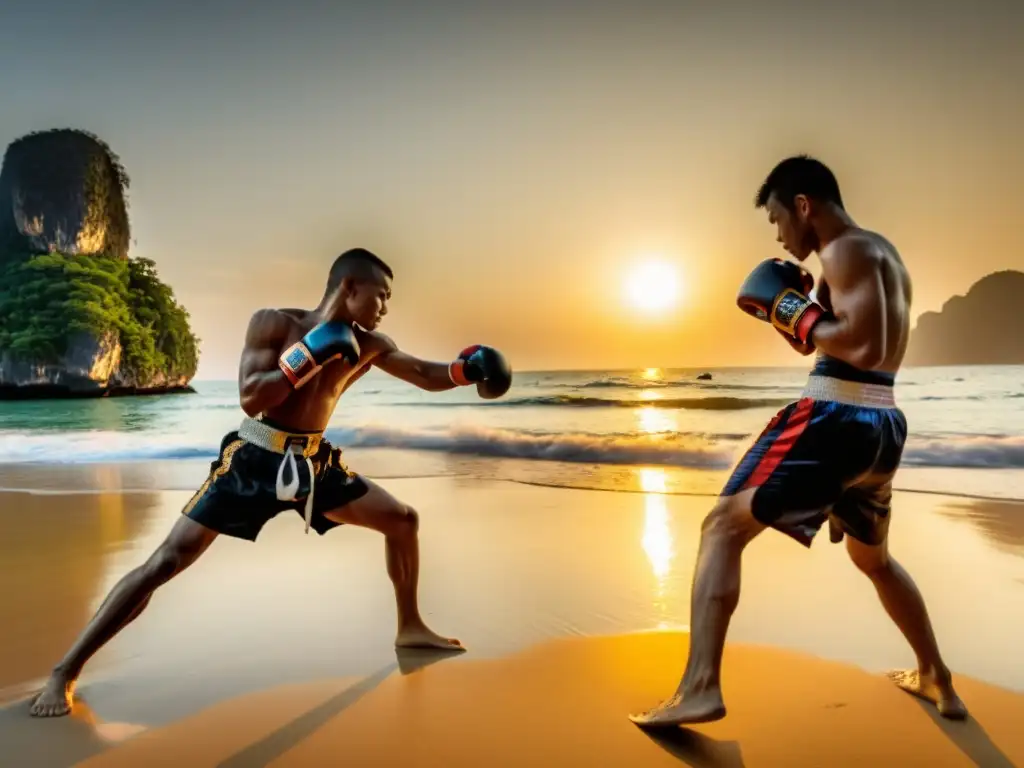 Un grupo de luchadores de Muay Thai entrena al atardecer en una playa de Tailandia, con el mar y barcos tradicionales al fondo