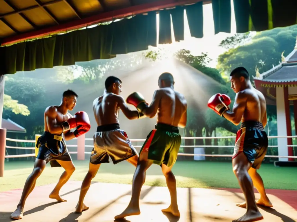 Un grupo de luchadores de Muay Thai practican en un campamento tradicional tailandés, rodeados de exuberante vegetación