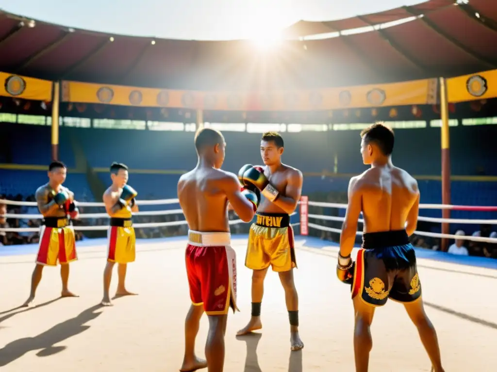 Un grupo de luchadores de Muay Thai realiza la ceremonia Wai Kru en un impresionante escenario al aire libre, radiante con la luz dorada del sol