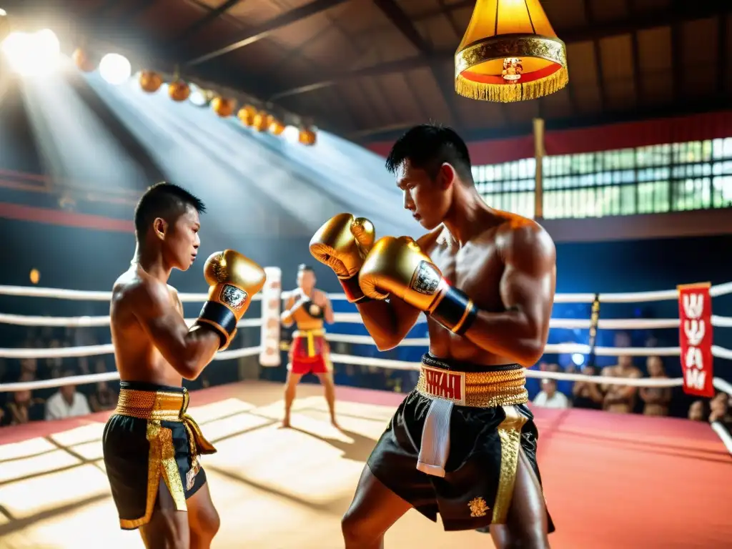 Grupo de luchadores de Muay Thai realiza la ceremonia tradicional Wai Kru en un ring ornamental, honrando la historia de los títulos mundiales en Muay Thai con gracia y determinación