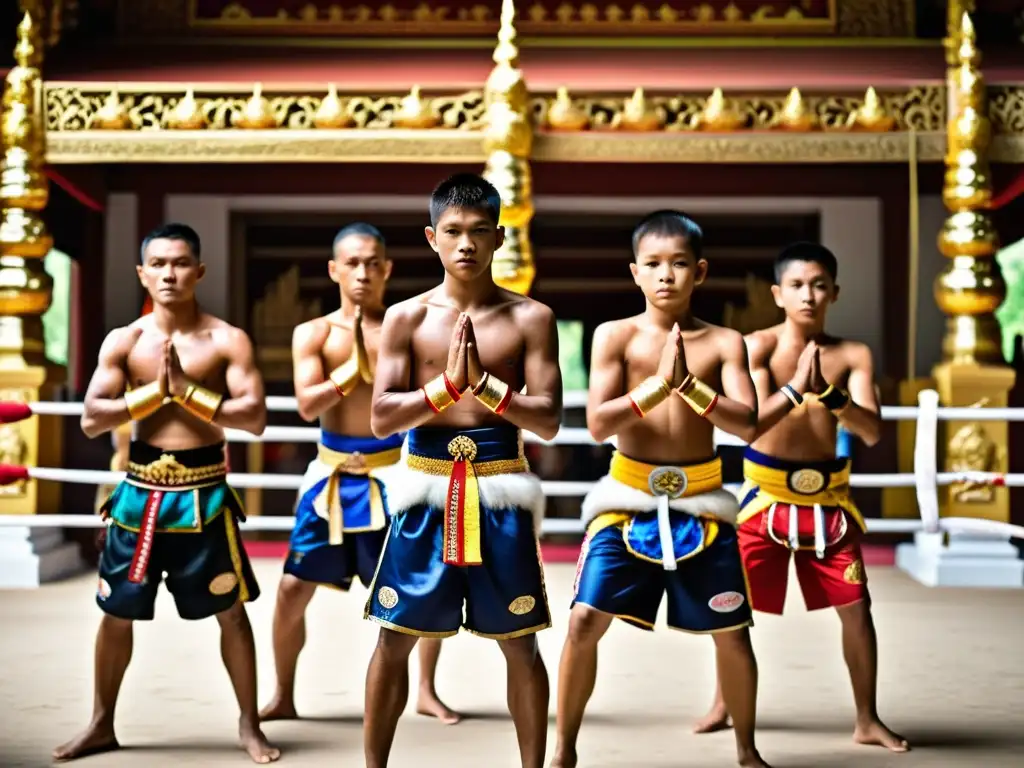 Un grupo de luchadores de Muay Thai de diferentes edades y niveles de habilidad realizan la ceremonia Wai Kru Ram Muay en un templo tailandés