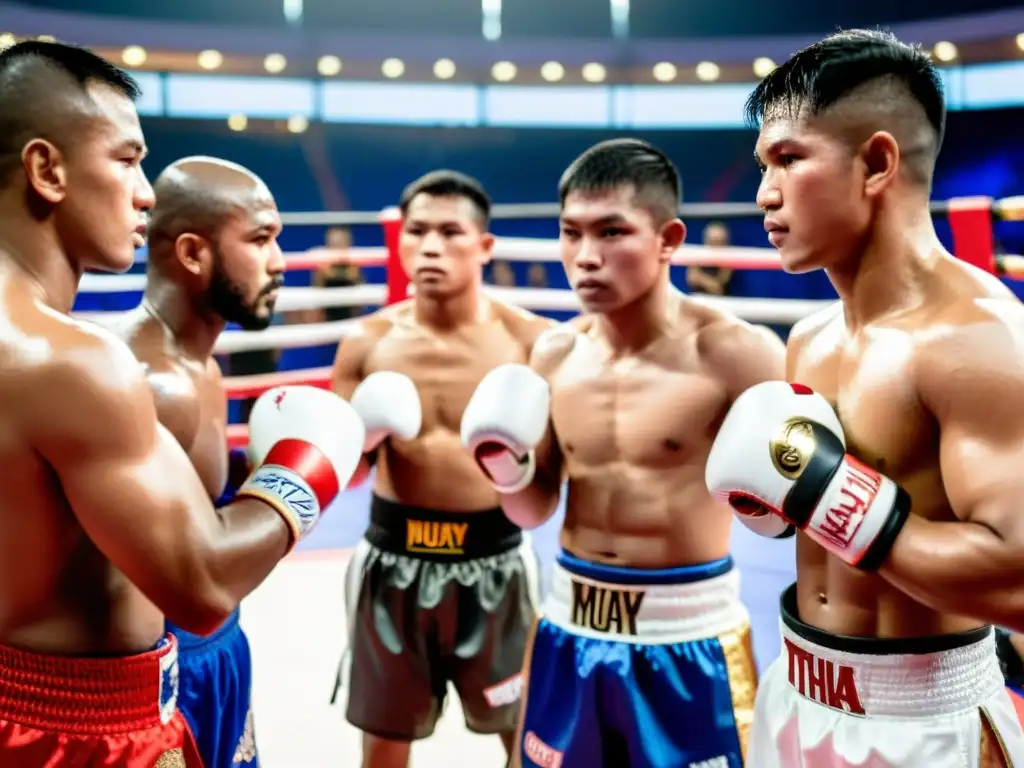 Grupo de luchadores de Muay Thai en estadio tradicional tailandés, listos para la competencia