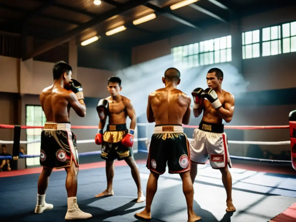 Un grupo de luchadores de Muay Thai en un gimnasio, con títulos mundiales Muay Thai historia en los carteles