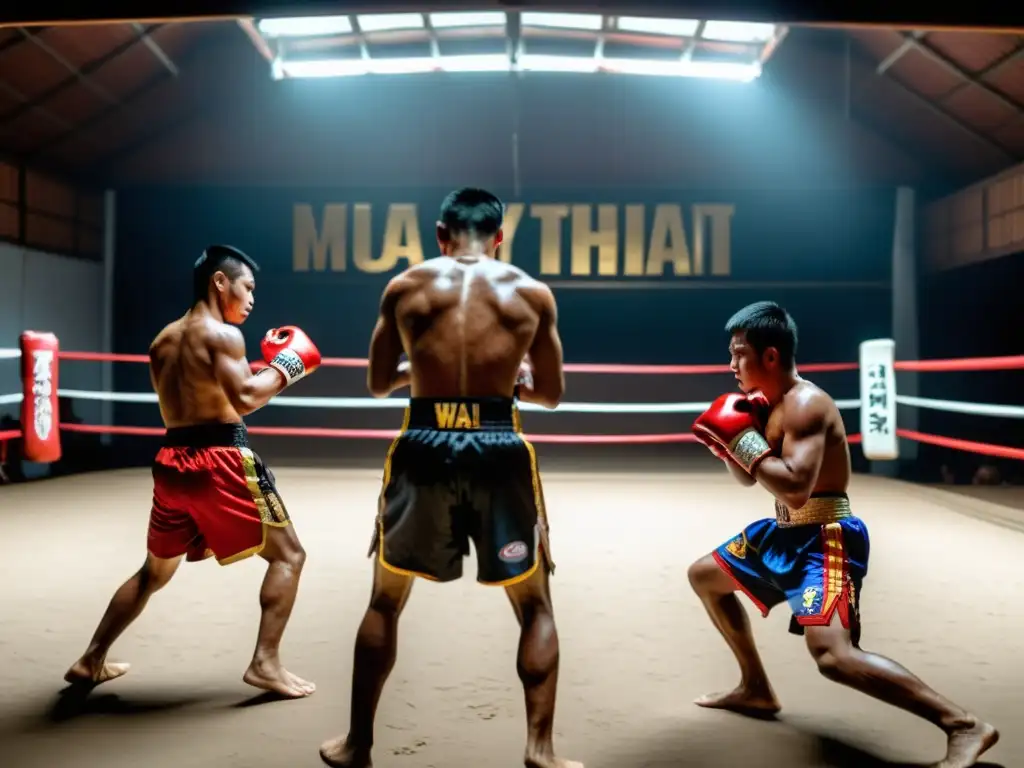 Un grupo de luchadores de Muay Thai realiza el ritual Wai Kru en un gimnasio atmosférico, mostrando la conexión entre Muay Thai y artes marciales