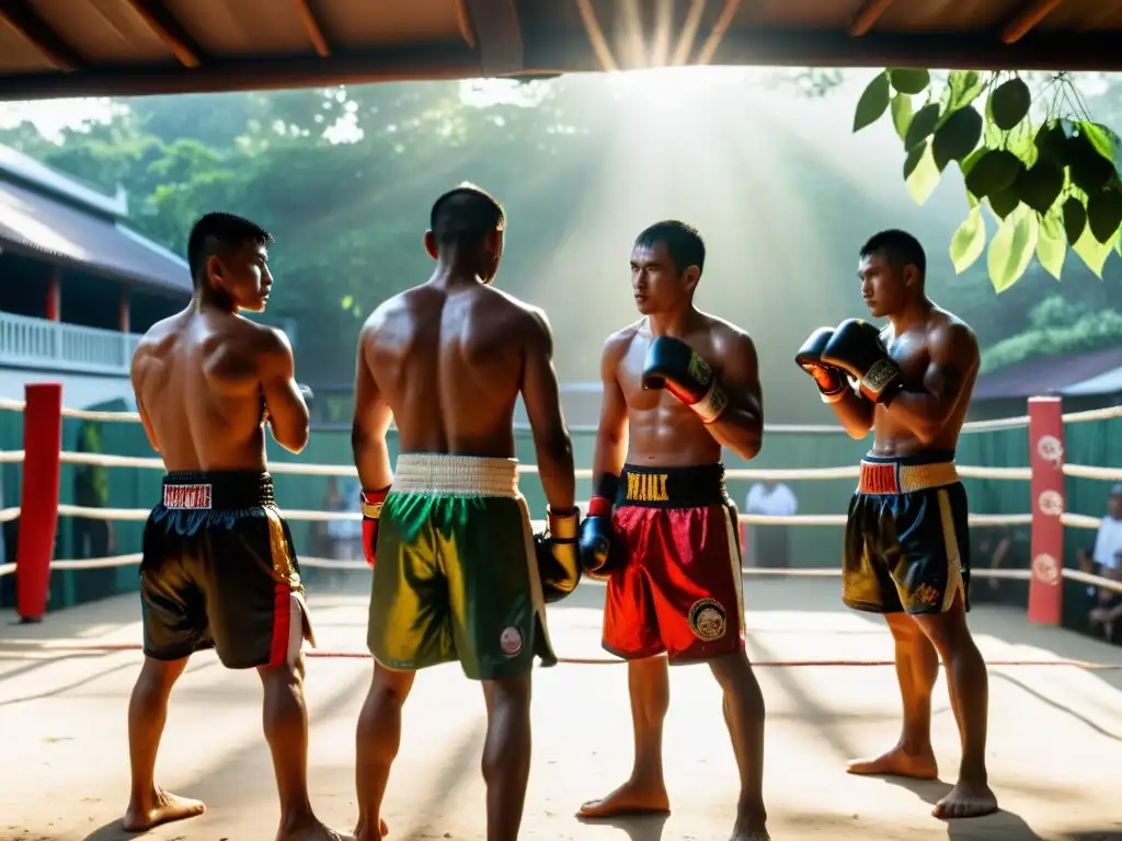 Grupo de luchadores de Muay Thai en ceremonia Wai Kru, con tatuajes y determinación en sus ojos