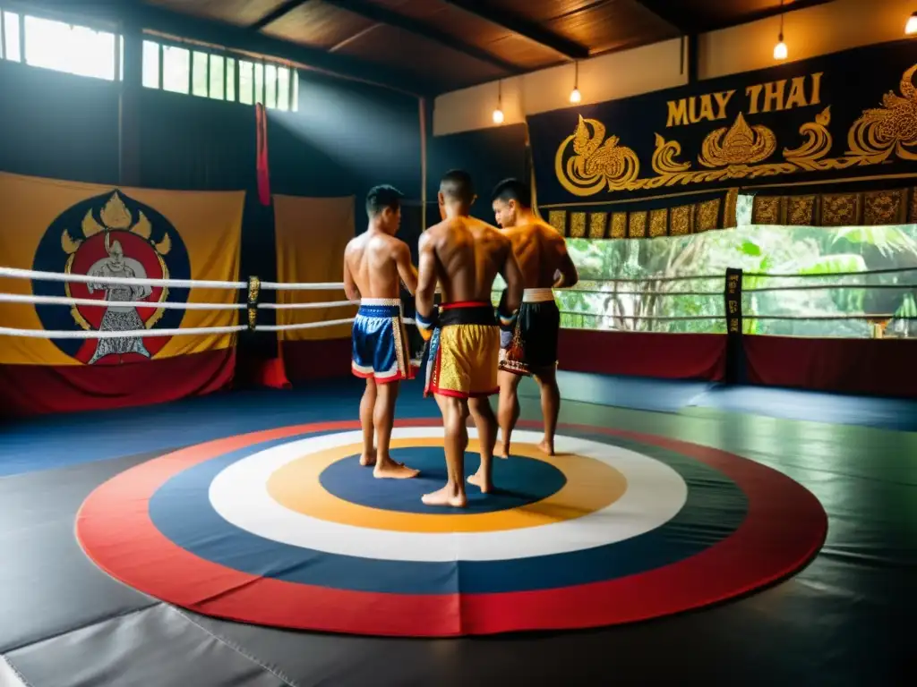 Grupo de luchadores de Muay Thai realizando el ritual Wai Kru en un gimnasio tradicional tailandés con iluminación tenue y decoraciones coloridas