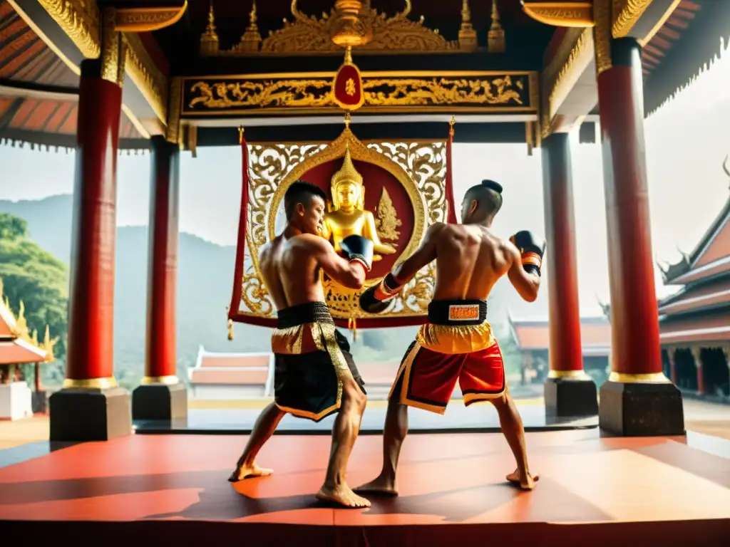 Grupo de luchadores de Muay Thai en trajes tradicionales realizando la danza ceremonial Wai Kru en un templo histórico en Tailandia, fusionando tradición y modernidad