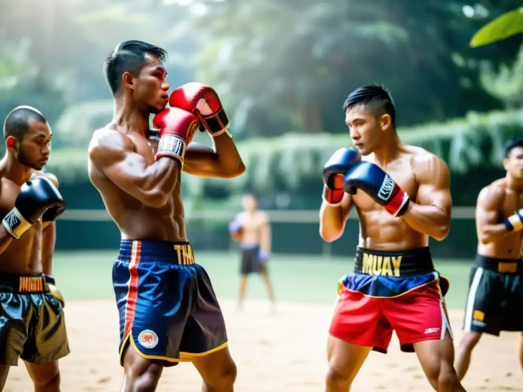 Grupo de luchadores de Muay Thai realizando estiramientos dinámicos al aire libre bajo el sol, preparándose para el entrenamiento