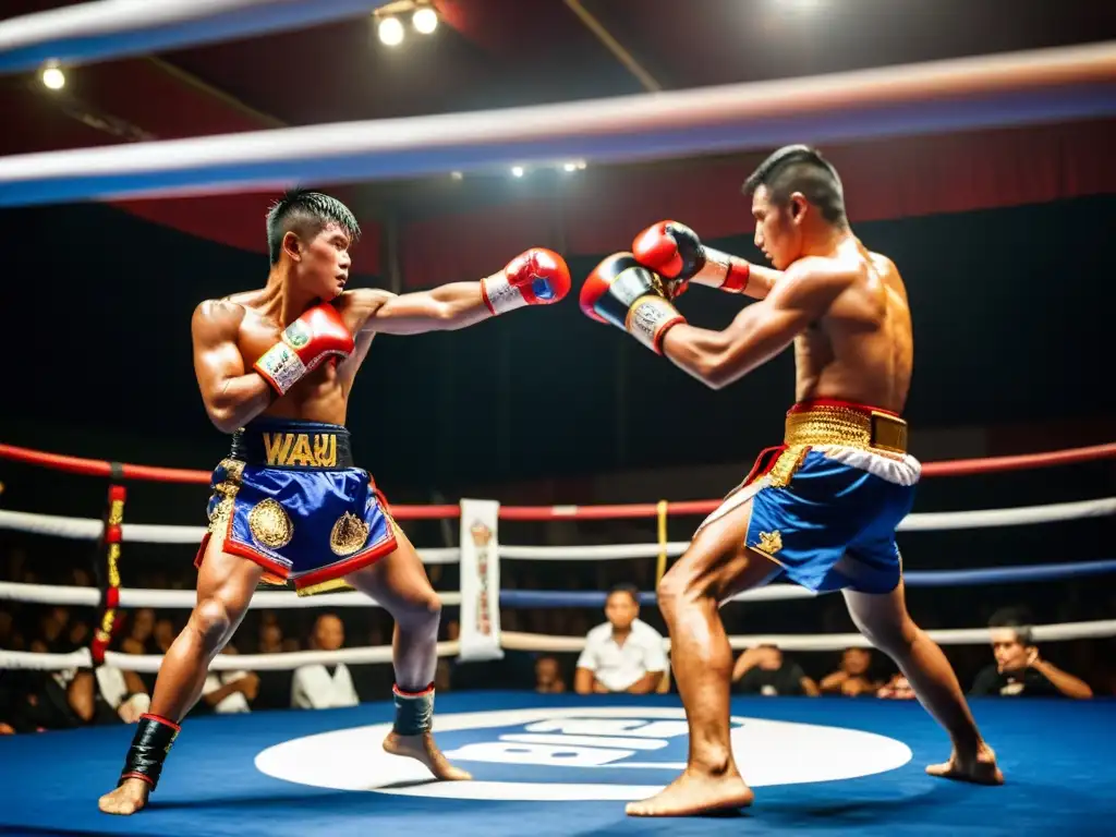 Grupo de luchadores de Muay Thai realizando el Wai Kru Ram Muay, la danza tradicional previa a la pelea, con movimientos intrincados y enfoque intenso