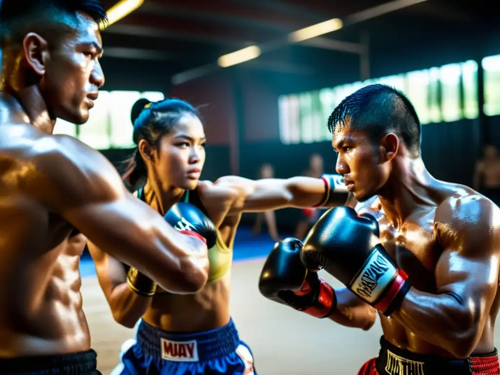 Grupo de luchadores de Muay Thai concentrados en rutinas de entrenamiento en un gimnasio oscuro y lleno de energía