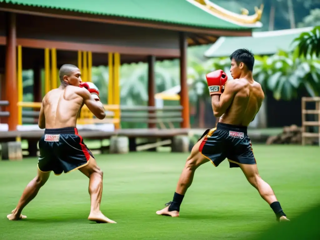 Grupo de luchadores de Muay Thai realizando estiramientos dinámicos y ejercicios de calentamiento en un campamento tailandés, mostrando la prevención de lesiones comunes en Muay Thai