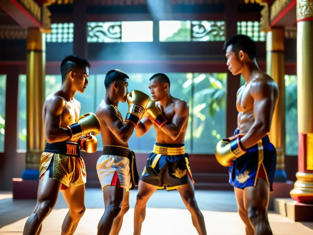 Un grupo de luchadores de Muay Thai en trajes tradicionales realizando una ceremonia Wai Kru en un templo histórico, mostrando la profunda relación entre Muay Thai y artes marciales del sudeste asiático