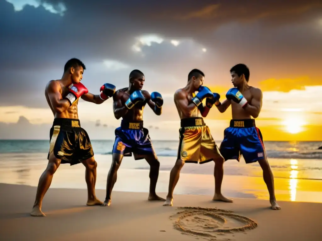 Grupo de luchadores de Muay Thai entrenando en la playa al atardecer, demostrando determinación y disciplina