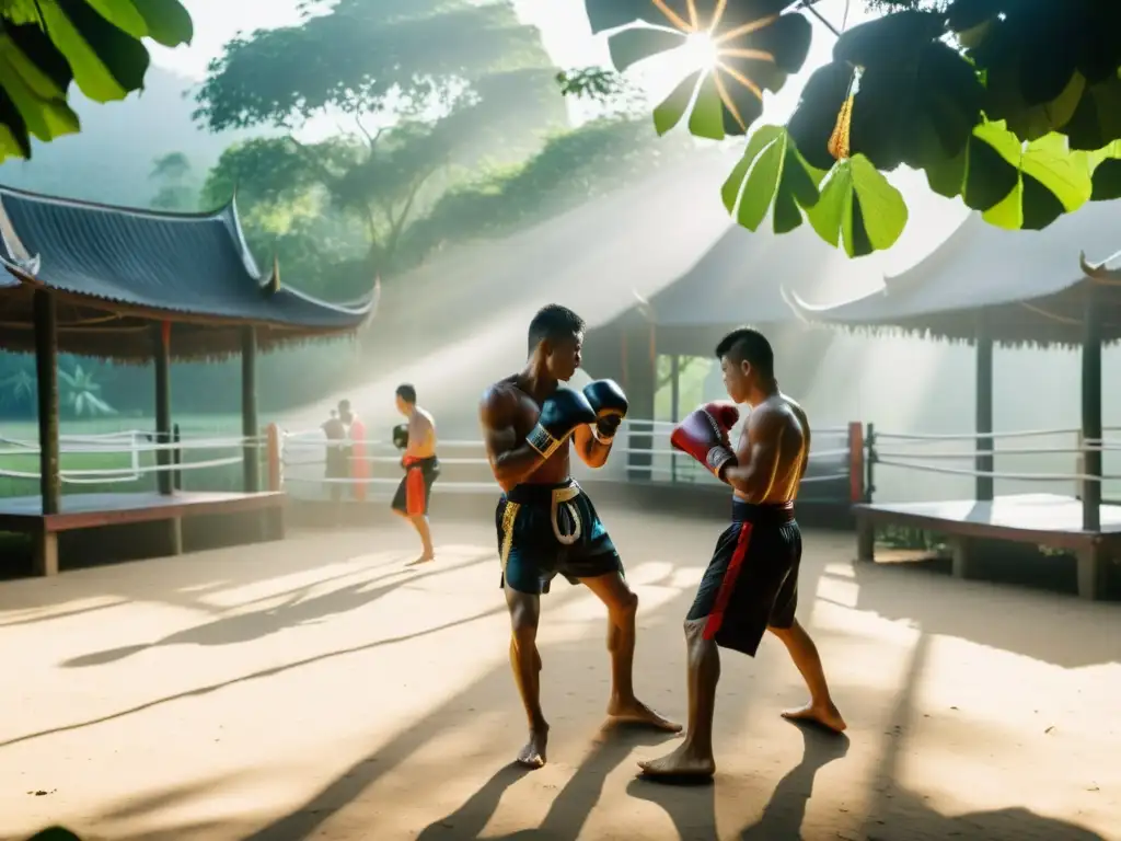 Grupo de luchadores de Muay Thai entrenando al aire libre en Tailandia, destacando la importancia social del Muay Thai