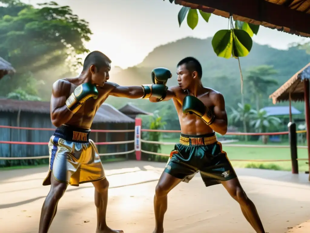 Un grupo de luchadores de Muay Thai se entrena intensamente en un campamento al aire libre, bajo la cálida luz matutina