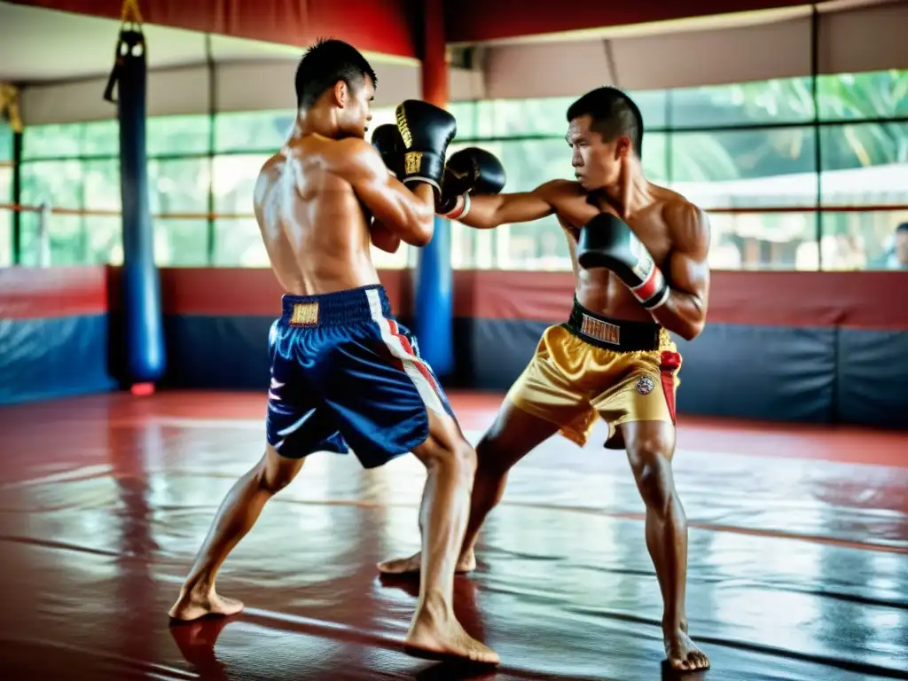 Un grupo de luchadores de Muay Thai se entrena con determinación en un gimnasio tradicional en Tailandia, rodeados de arte y posters vintage