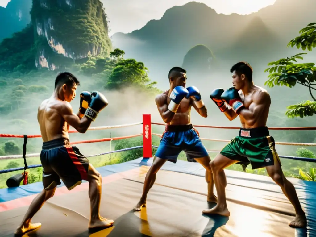 Un grupo de luchadores de Muay Thai entrenando en un gimnasio al aire libre en Tailandia, rodeados de exuberante selva y montañas brumosas