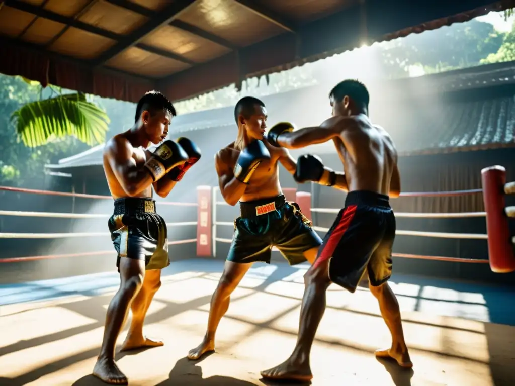 Un grupo de luchadores de Muay Thai entrenando en un gimnasio al aire libre en Tailandia, con el sol de la tarde creando sombras dramáticas