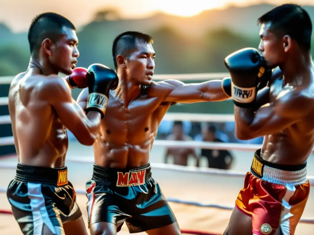 Grupo de luchadores de Muay Thai realizando la danza Wai Kru Ram Muay al atardecer en un antiguo templo