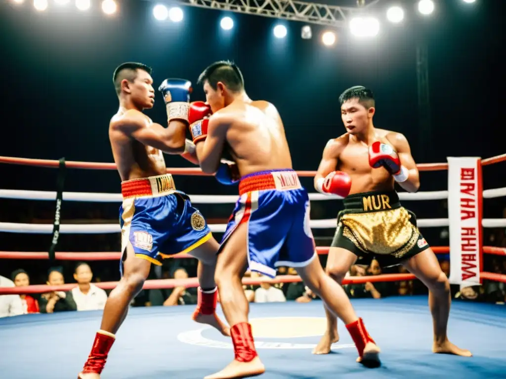 Un grupo de luchadores de Muay Thai, vistiendo trajes tradicionales tailandeses, realizando el baile Wai Kru Ram Muay antes de una pelea