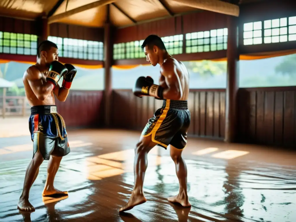 Grupo de luchadores de Muay Thai practicando en un gimnasio al aire libre en Tailandia, mostrando la historia y tradición del muay thai en Tailandia