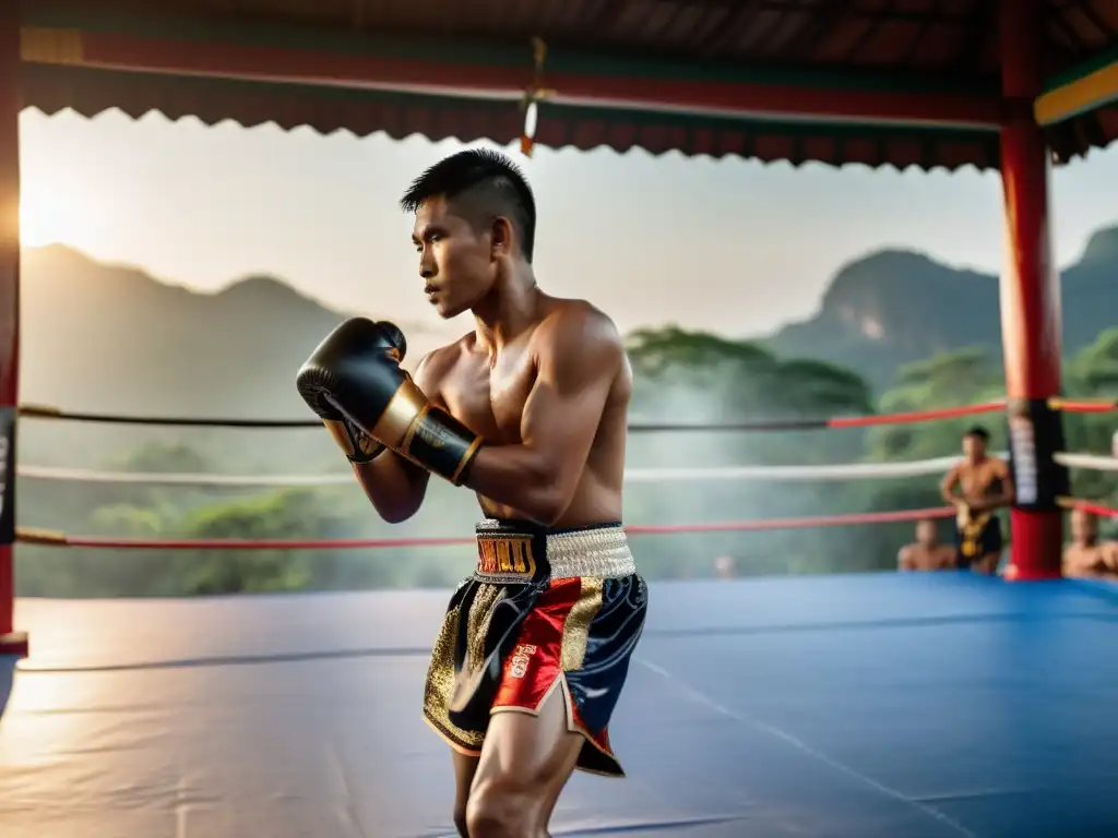 Grupo de luchadores de Muay Thai realizando el ritual Wai Kru Ram Muay al amanecer, mostrando la historia del Muay Thai en Tailandia