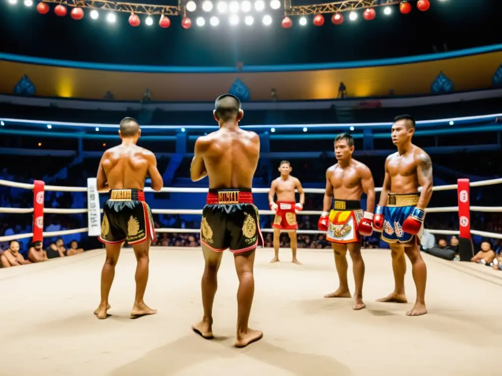 Grupo de luchadores de Muay Thai experimentados realizando una danza ceremonial antes de un combate, con expresiones enfocadas y cuerpos musculosos