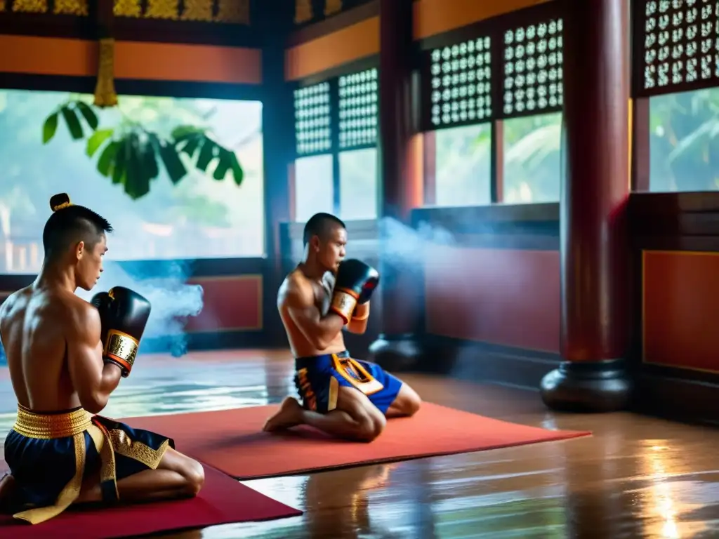 Grupo de luchadores de Muay Thai realizando el ritual Wai Kru en un templo tailandés, creando una atmósfera reverente y espiritual