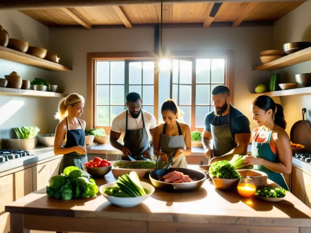 Un grupo de luchadores profesionales preparando juntos una comida en una cocina rústica