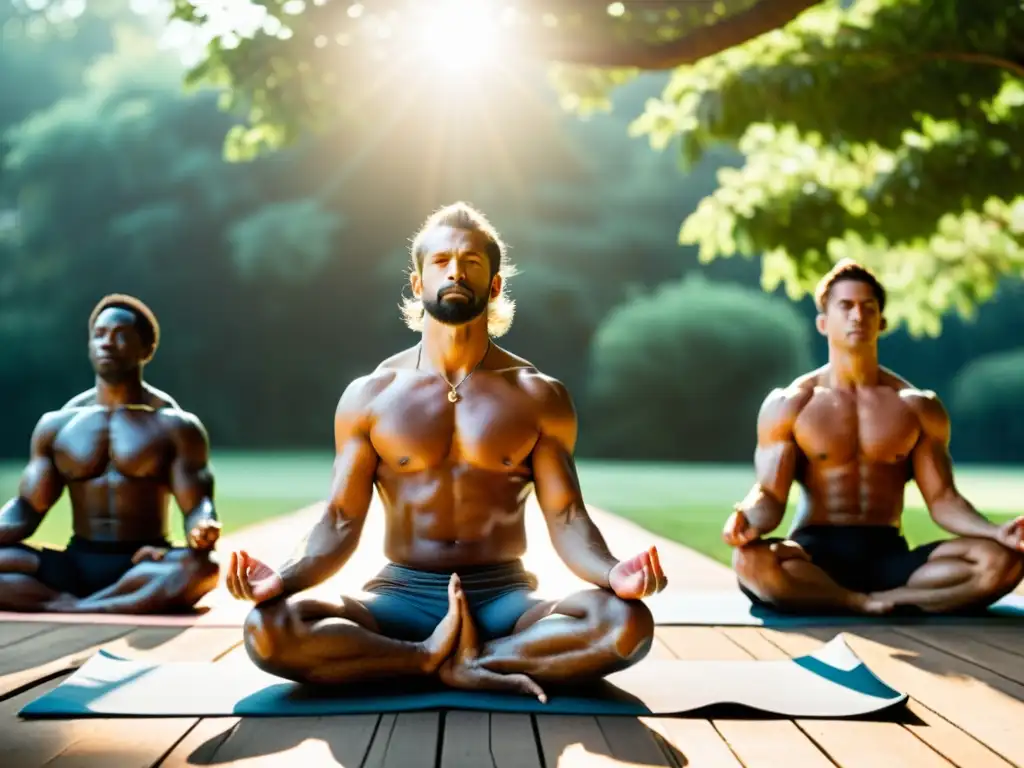 Un grupo de luchadores profesionales practican yoga al aire libre, mostrando fuerza y flexibilidad, potenciados por los beneficios de Ashwagandha