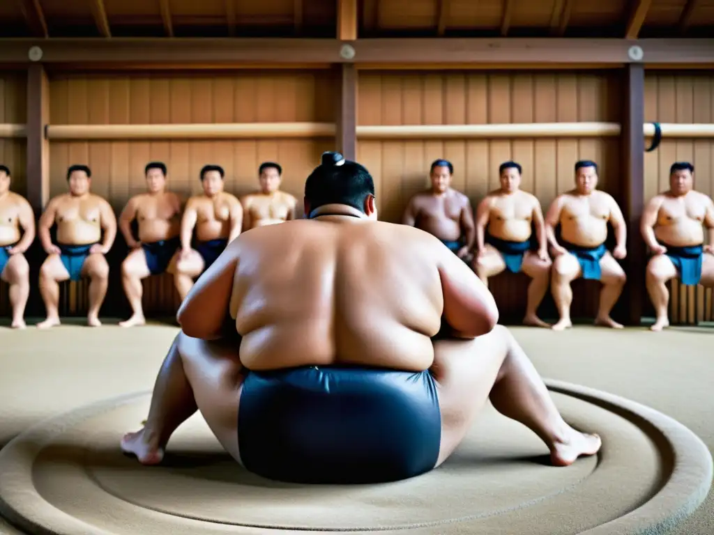 Grupo de luchadores de sumo en entrenamiento riguroso en Japón, mostrando disciplina y fuerza