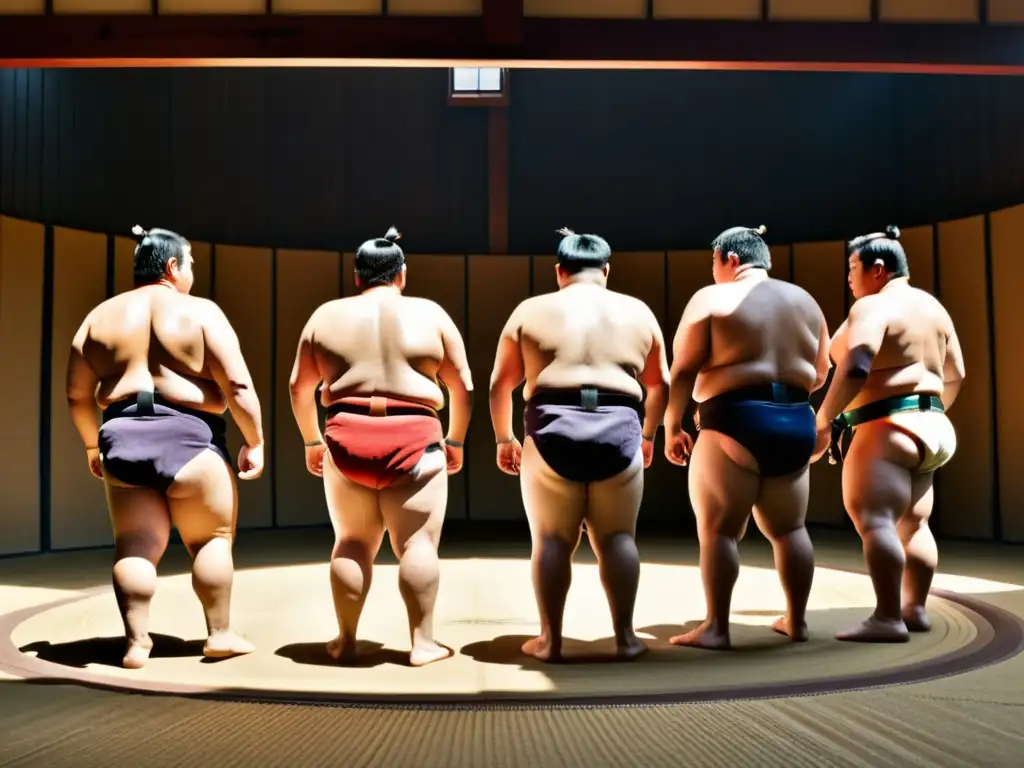 Un grupo de luchadores de sumo entrenando con intensidad en un establecimiento japonés, mostrando disciplina y determinación