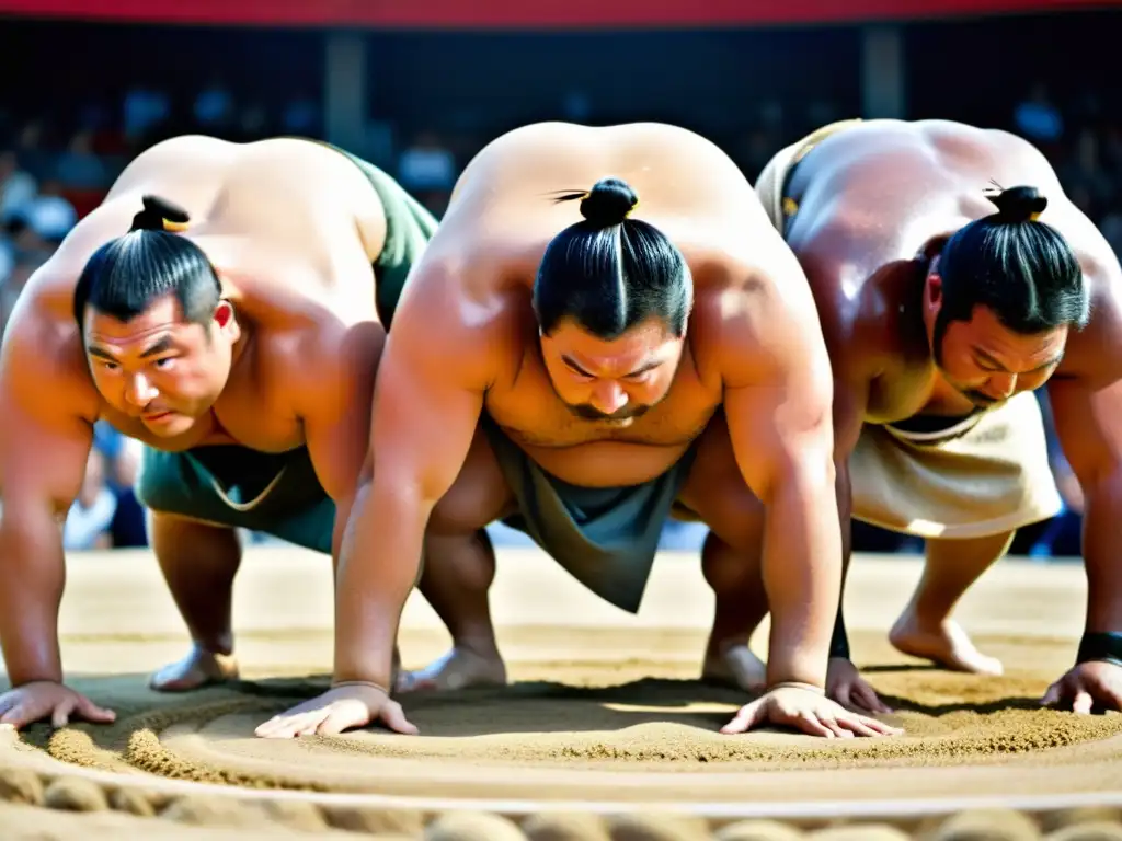 Un grupo de luchadores de sumo en un intenso combate, sus cuerpos brillan con sudor