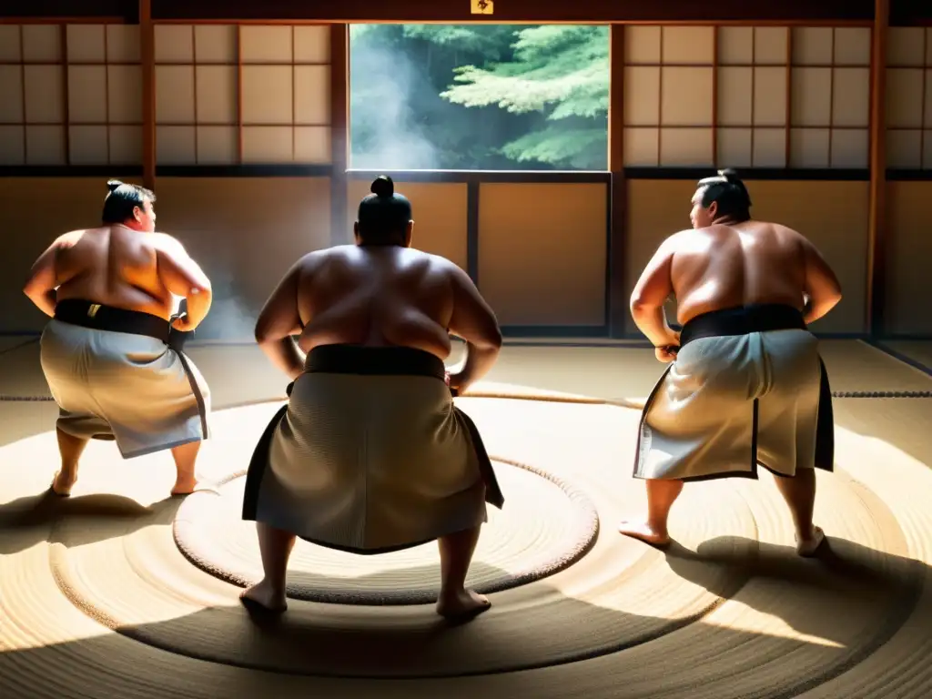 Un grupo de luchadores de sumo en mawashi tradicional practicando en un dohyō, con una intensa sesión de entrenamiento