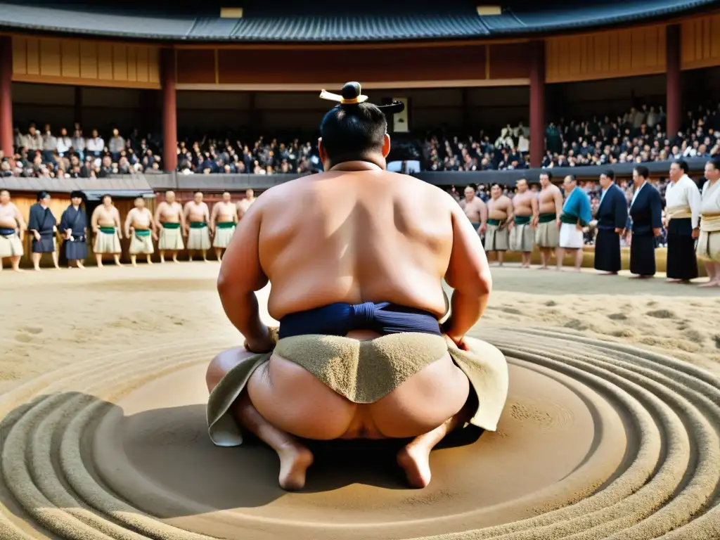 Un grupo de luchadores de sumo realiza un ritual de ingreso al ring en un estadio, rodeados de espectadores