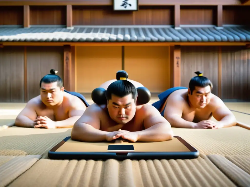 Grupo de luchadores de sumo con determinación y tecnología, en un dohyo tradicional