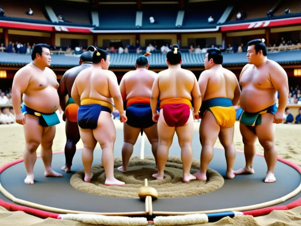 Grupo de luchadores de sumo en trajes tradicionales, participando en ritual ceremonial en el ring