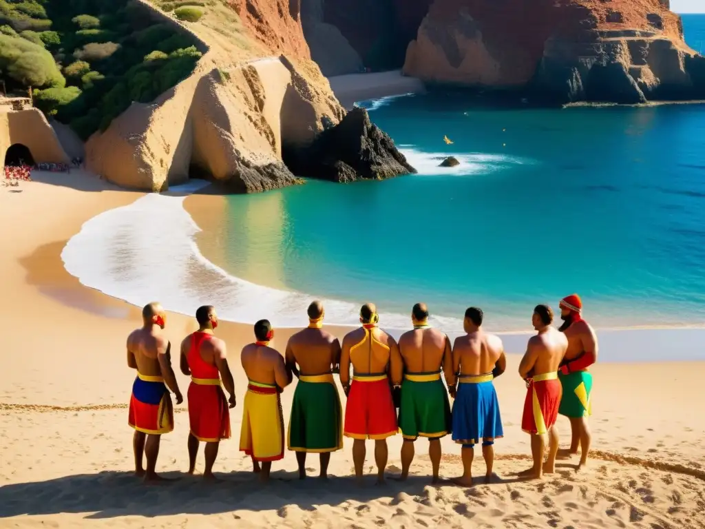 Grupo de luchadores con trajes tradicionales de lucha canaria en la playa, realizando un ritual previo al combate al atardecer