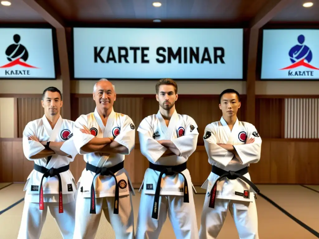 Un grupo de maestros de karate cinturones negros destaca en un seminario online, con una atmósfera de respeto y sabiduría en un dojo tradicional