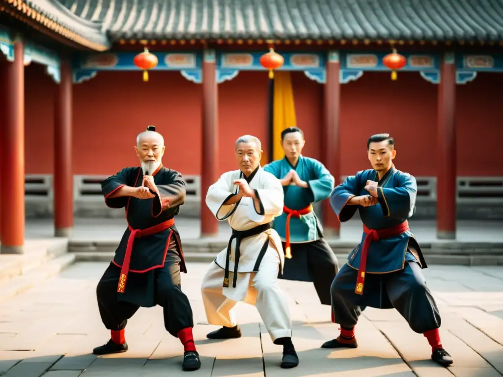 Grupo de maestros de Kung Fu demostrando formas antiguas en un patio sereno con arquitectura china