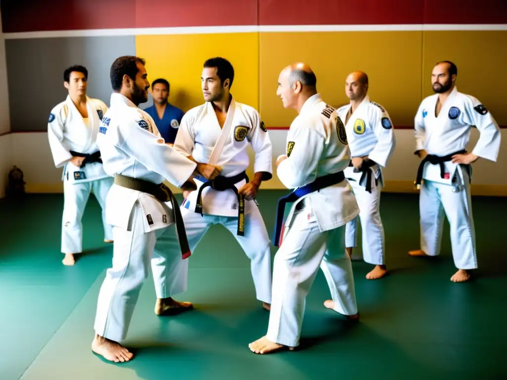 Grupo de maestros de JiuJitsu Brasileño en un dojo de Río de Janeiro, demostrando técnicas en un ambiente de aprendizaje intensivo