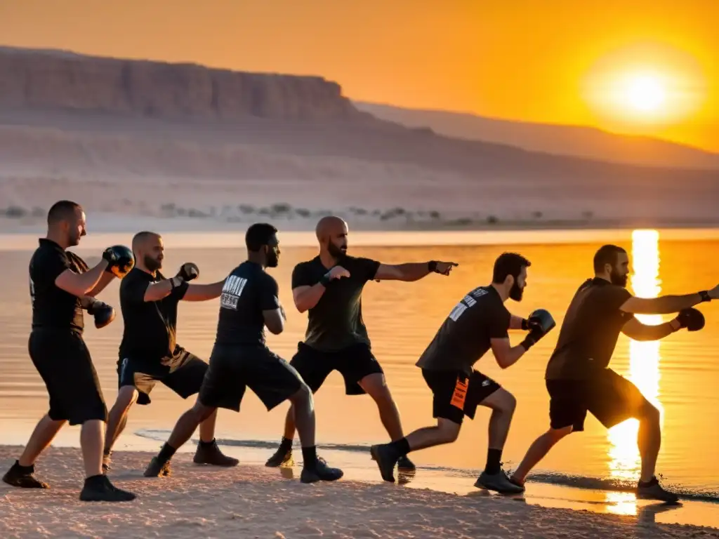 Grupo practicando Krav Maga en el Mar Muerto al atardecer, con el instructor liderando la sesión