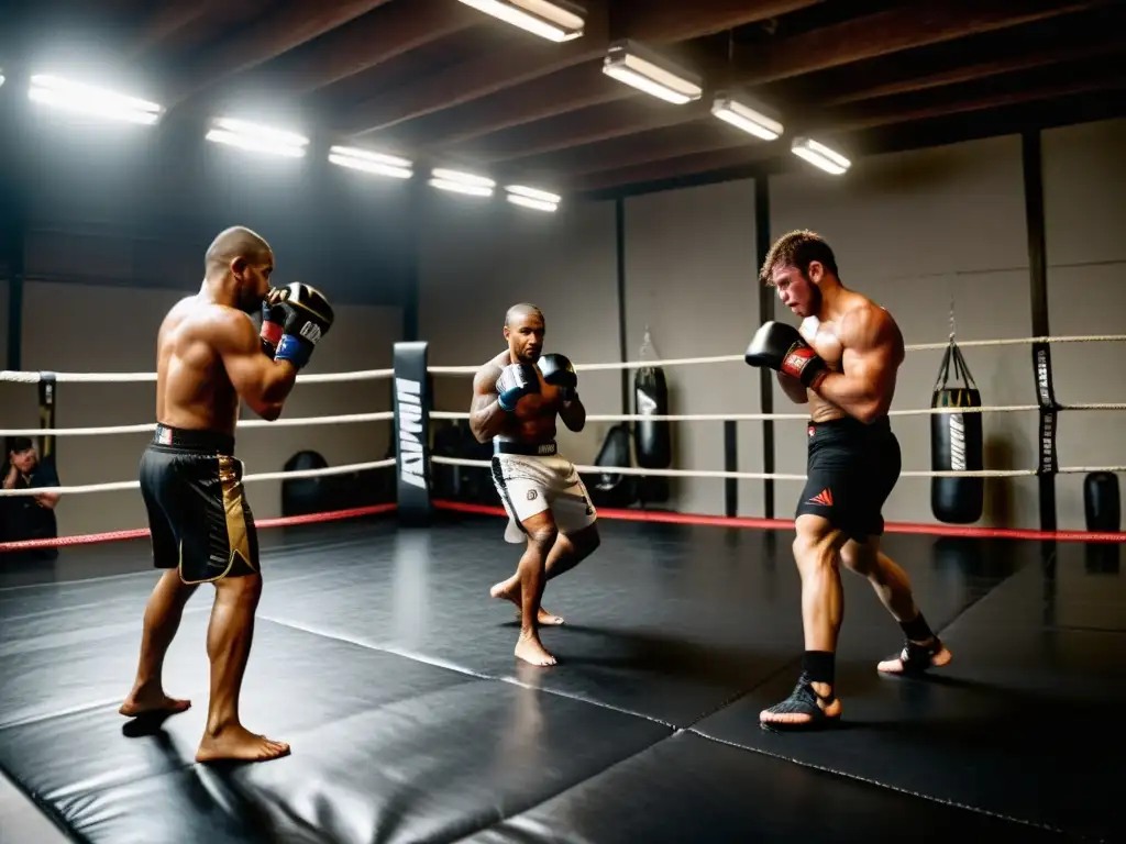 Grupo de mejores finalizadores MMA expertos demostrando técnicas en gimnasio auténtico y tenso, con movimientos dinámicos y determinación palpable