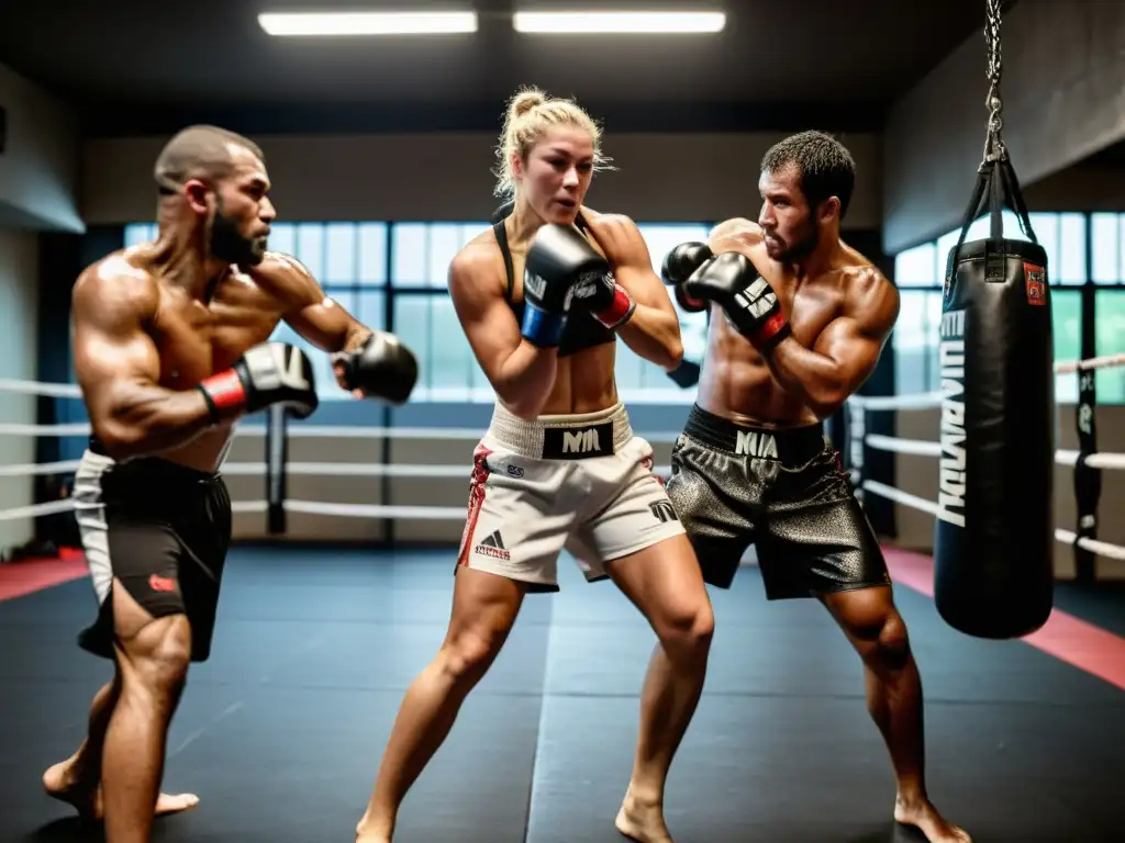 Un grupo de Mejores finalizadores MMA expertos se entrena intensamente en un gimnasio oscuro, con determinación en sus rostros