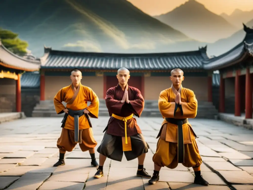 Un grupo de monjes Shaolin practica Kung Fu al atardecer en el templo, transmitiendo disciplina y tradición ancestral